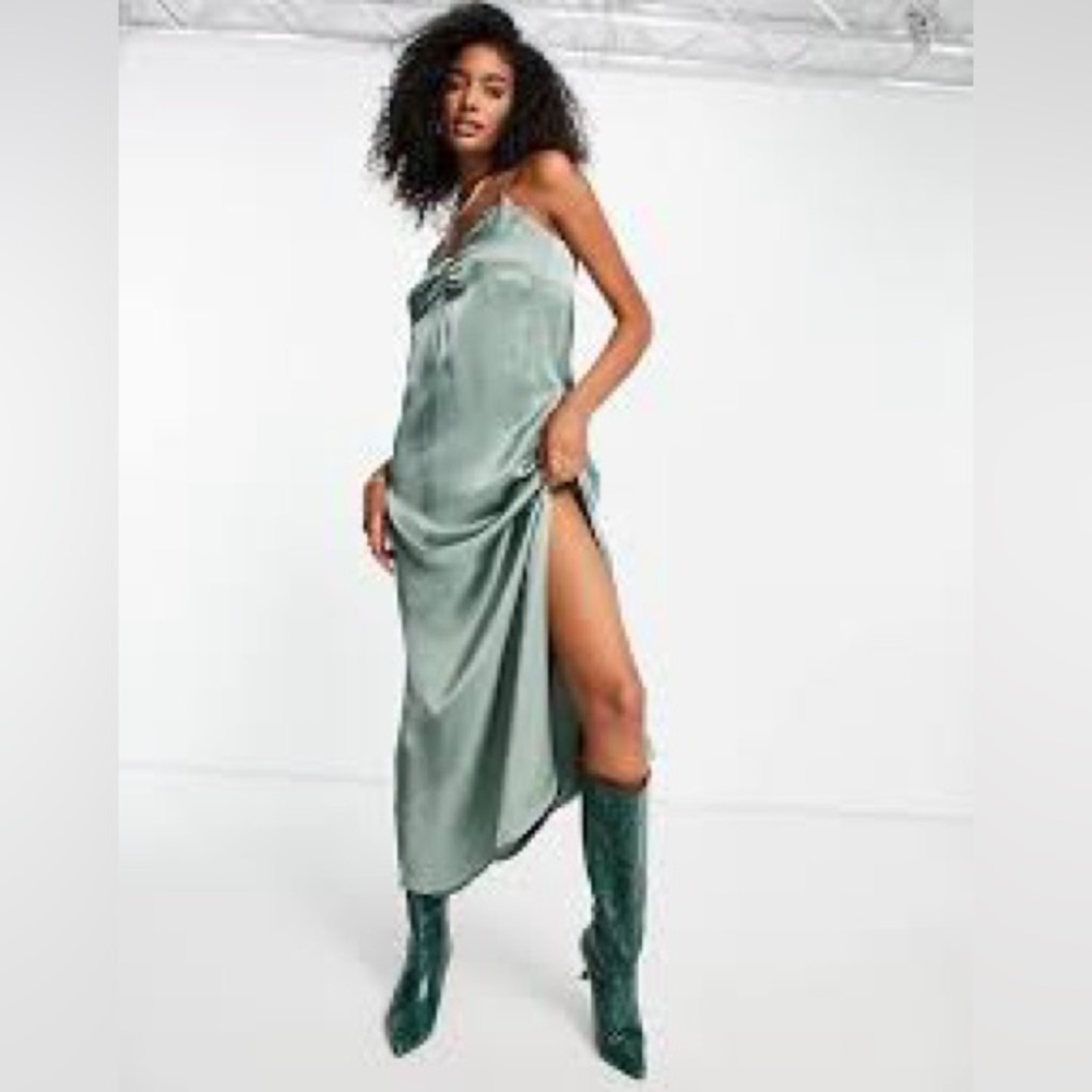 NWT,Mango MNG, Green Dress Elegant Green Satin Slip Dress,Side Splits,Size L
